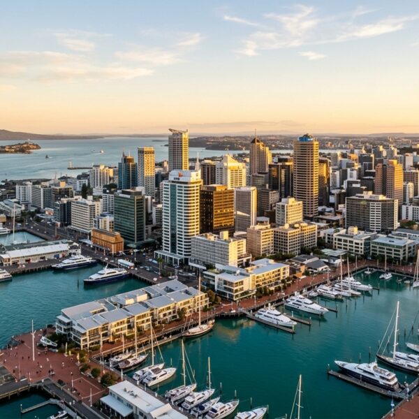 Investing in New Zealand - Auckland waterfront and CBD skyline at golden hour