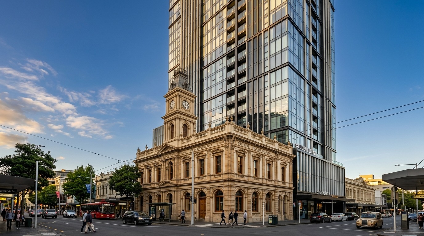 Student accommodation Auckland tower at 256 Queen Street with heritage building