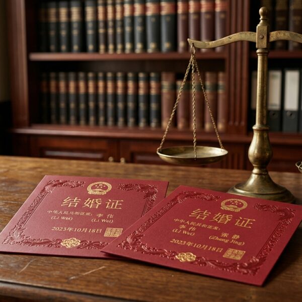 Factual bigamy under Chinese law with marriage certificates and scales of justice